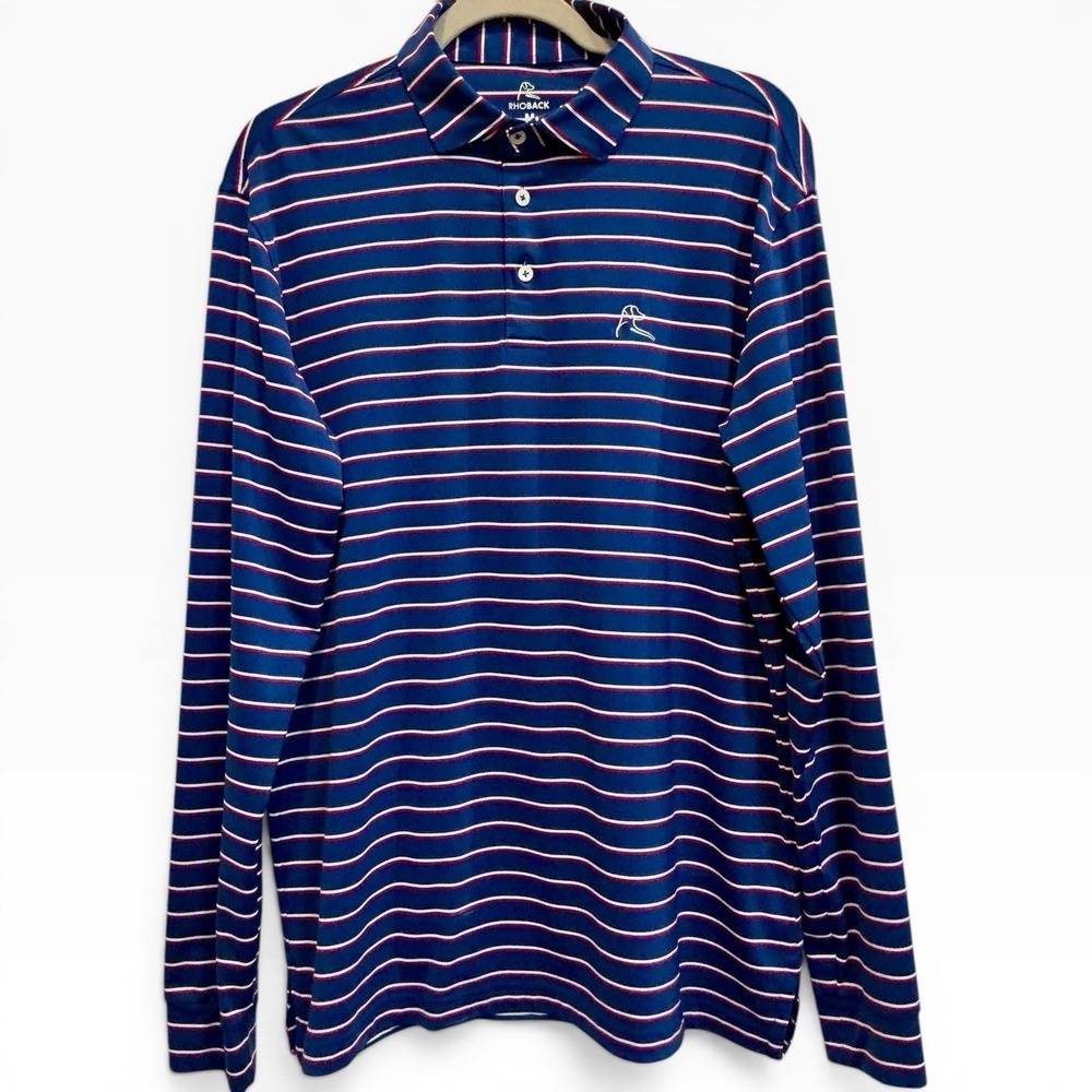 RHOBACK Old Glory Striped Performance‎ Long Sleeve Polo Shirt Medium